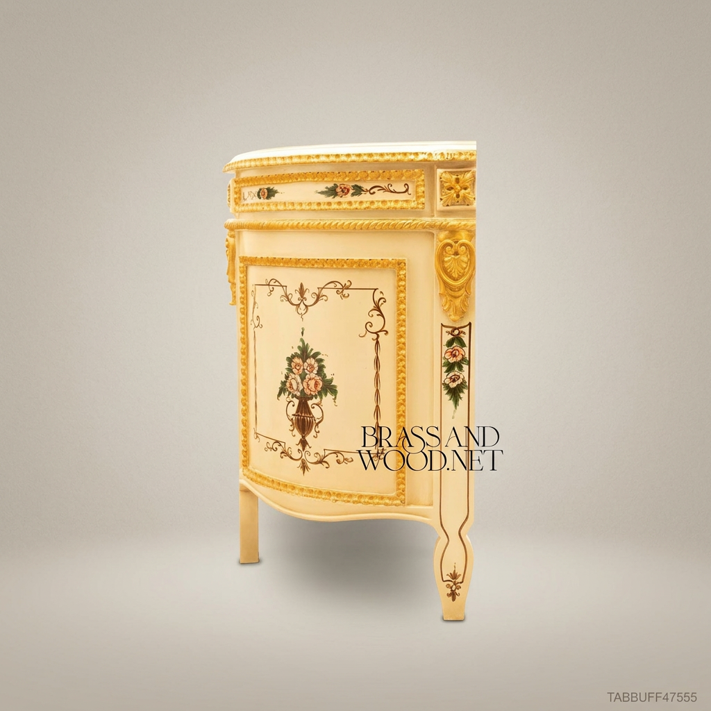 Brass & Wood Louis XVI Hand-Painted Ivory Buffet