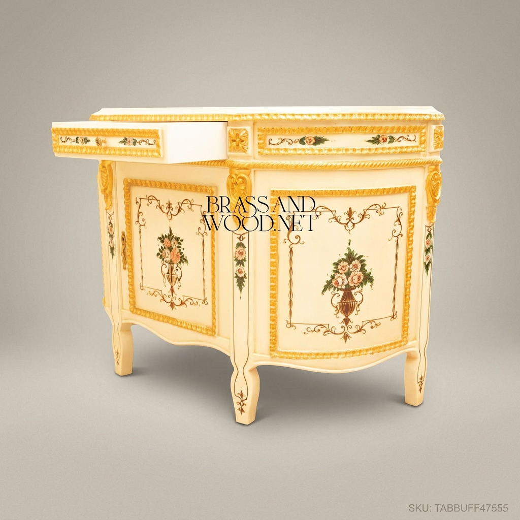 Brass & Wood Louis XVI Hand-Painted Ivory Buffet — 350cm