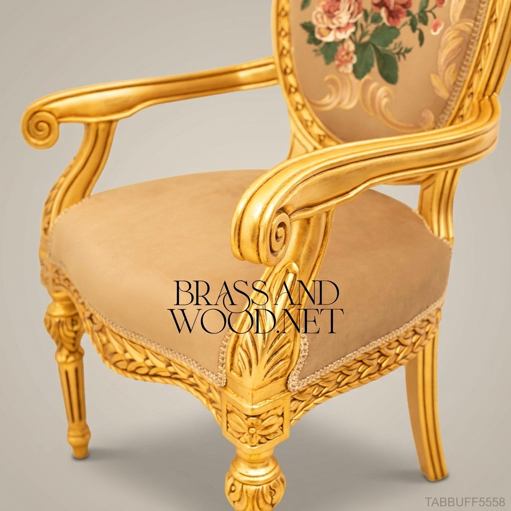 Brass & Wood Louis XVI Shield-Back Dining Chair — With Arms