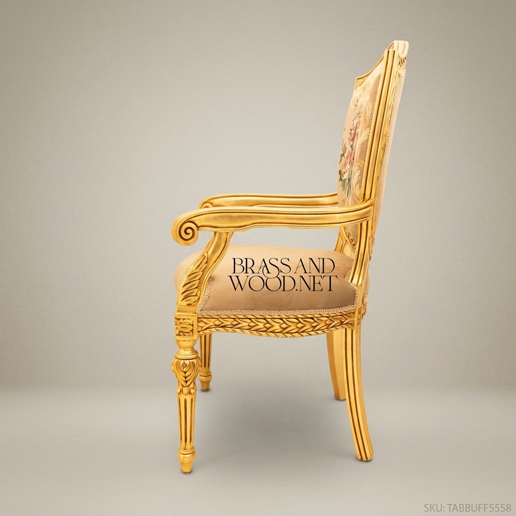 Brass & Wood Louis XVI Shield-Back Dining Chair — With Arms