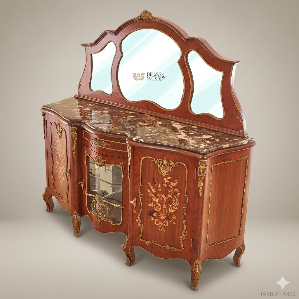 Brass & Wood Louis XV Marquetry Marble-Top Buffet with Mirror