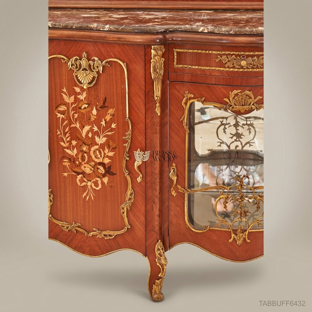 Brass & Wood Louis XV Marquetry Marble-Top Buffet with Mirror