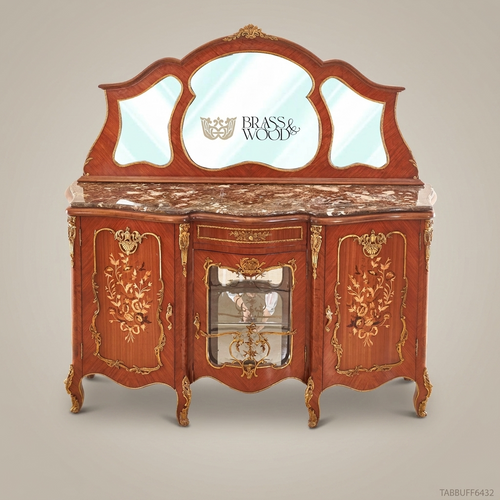 Brass & Wood Louis XV Marquetry Marble-Top Buffet with Mirror