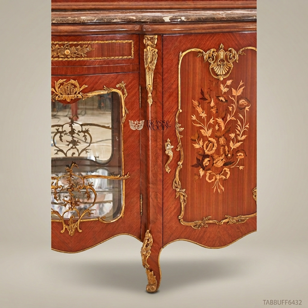 Brass & Wood Louis XV Marquetry Marble-Top Buffet with Mirror
