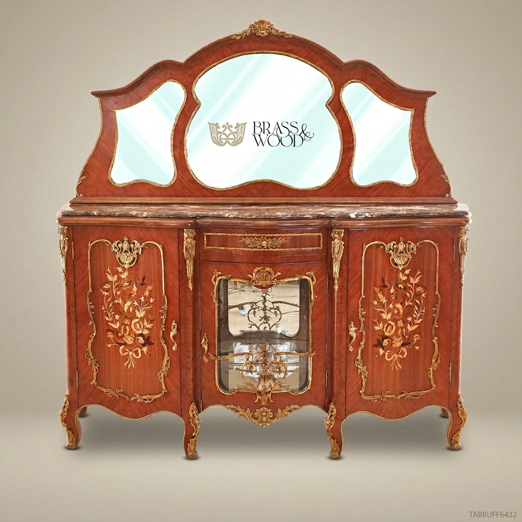 Brass & Wood Louis XV Marquetry Marble-Top Buffet with Mirror — 200cm