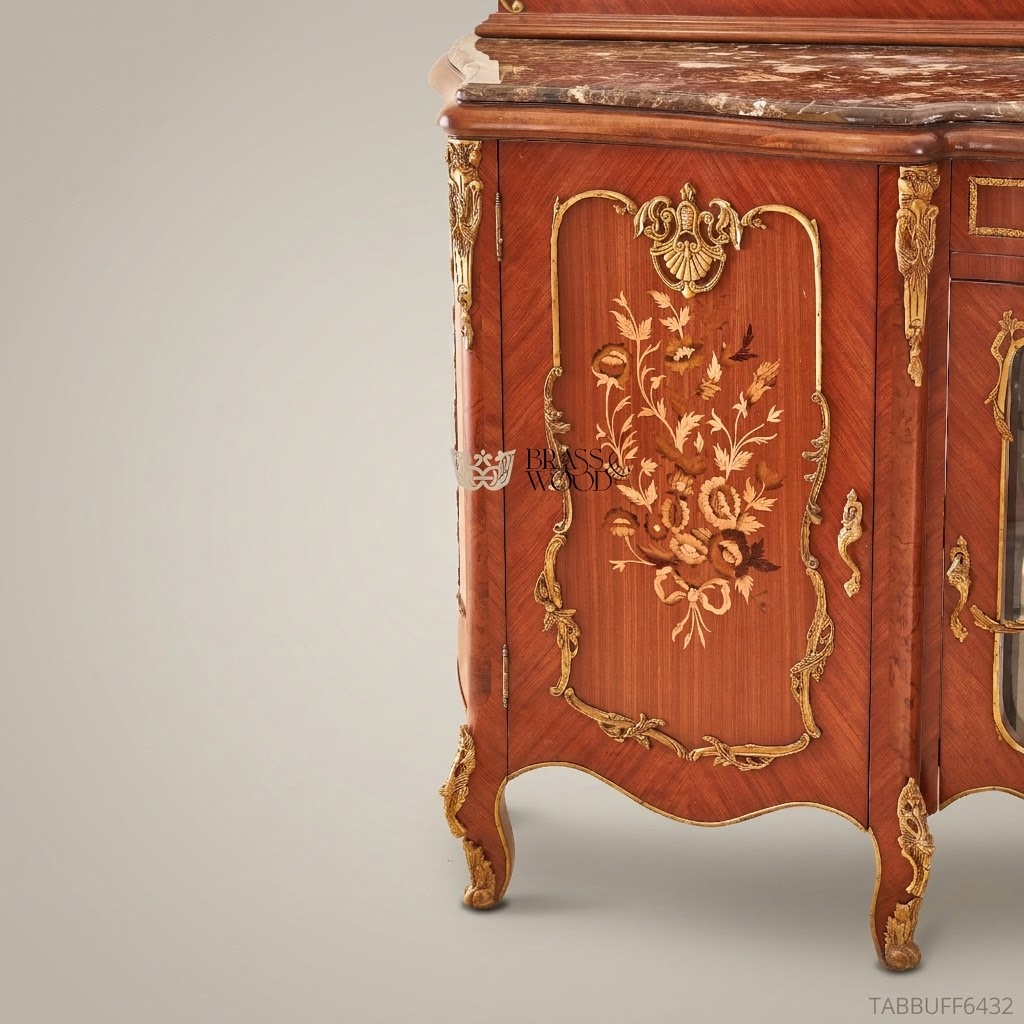 Brass & Wood Louis XV Marquetry Marble-Top Buffet with Mirror — 250cm