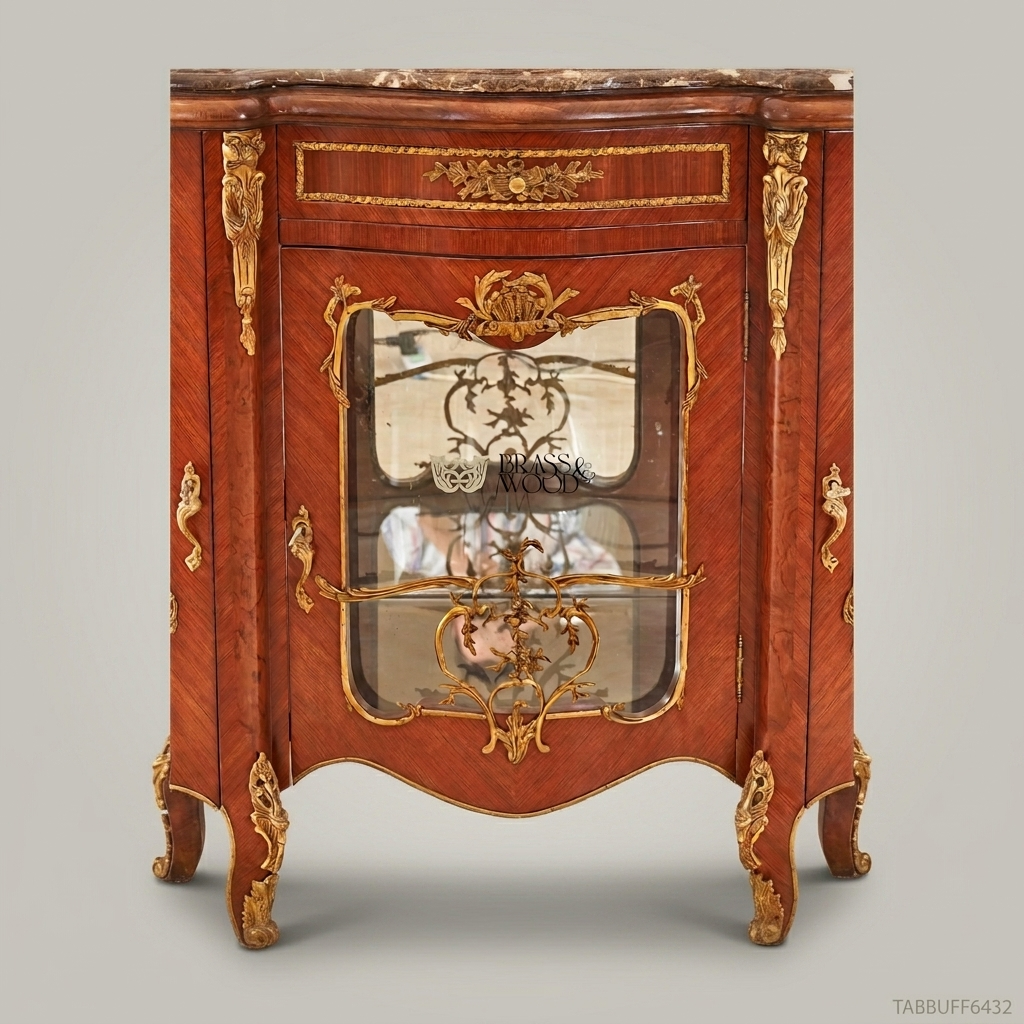 Brass & Wood Louis XV Marquetry Marble-Top Buffet with Mirror — 250cm