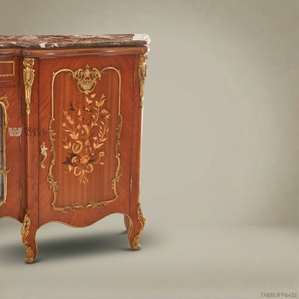 Brass & Wood Louis XV Marquetry Marble-Top Buffet with Mirror — 250cm