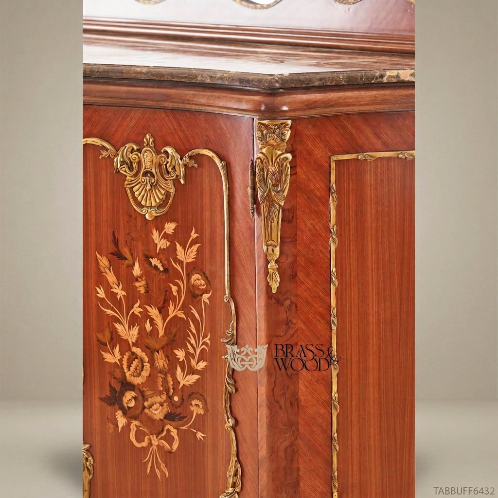 Brass & Wood Louis XV Marquetry Marble-Top Buffet with Mirror — 250cm