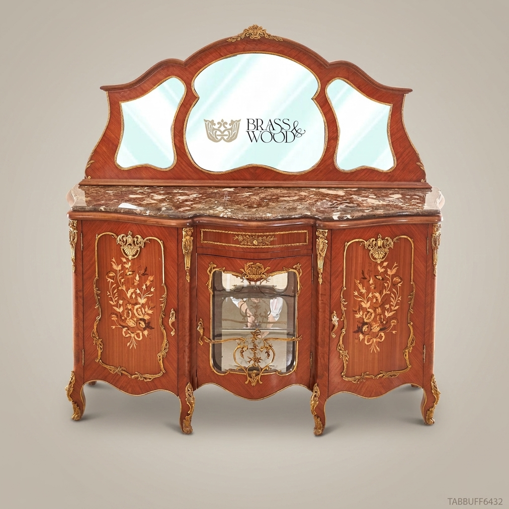Brass & Wood Louis XV Marquetry Marble-Top Buffet with Mirror — 300cm