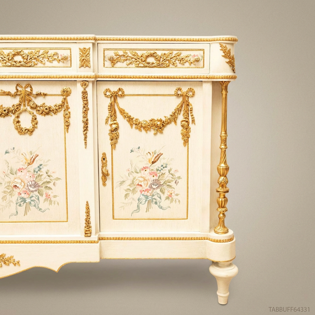 Brass & Wood Louis XVI Hand-Painted Floral Buffet