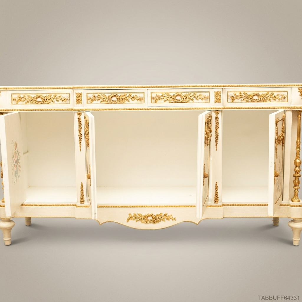Brass & Wood Louis XVI Hand-Painted Floral Buffet