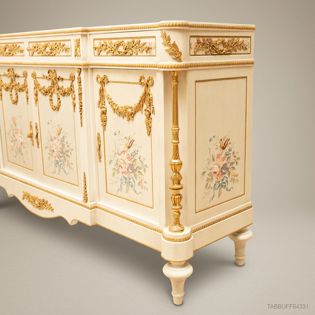 Brass & Wood Louis XVI Hand-Painted Floral Buffet — 250cm