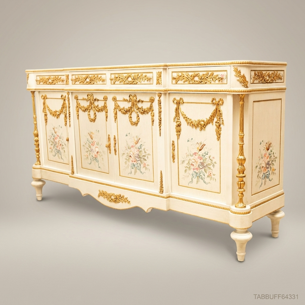 Brass & Wood Louis XVI Hand-Painted Floral Buffet — 250cm