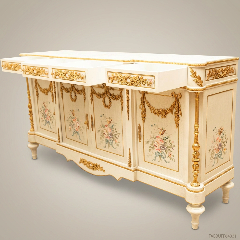 Brass & Wood Louis XVI Hand-Painted Floral Buffet — 250cm