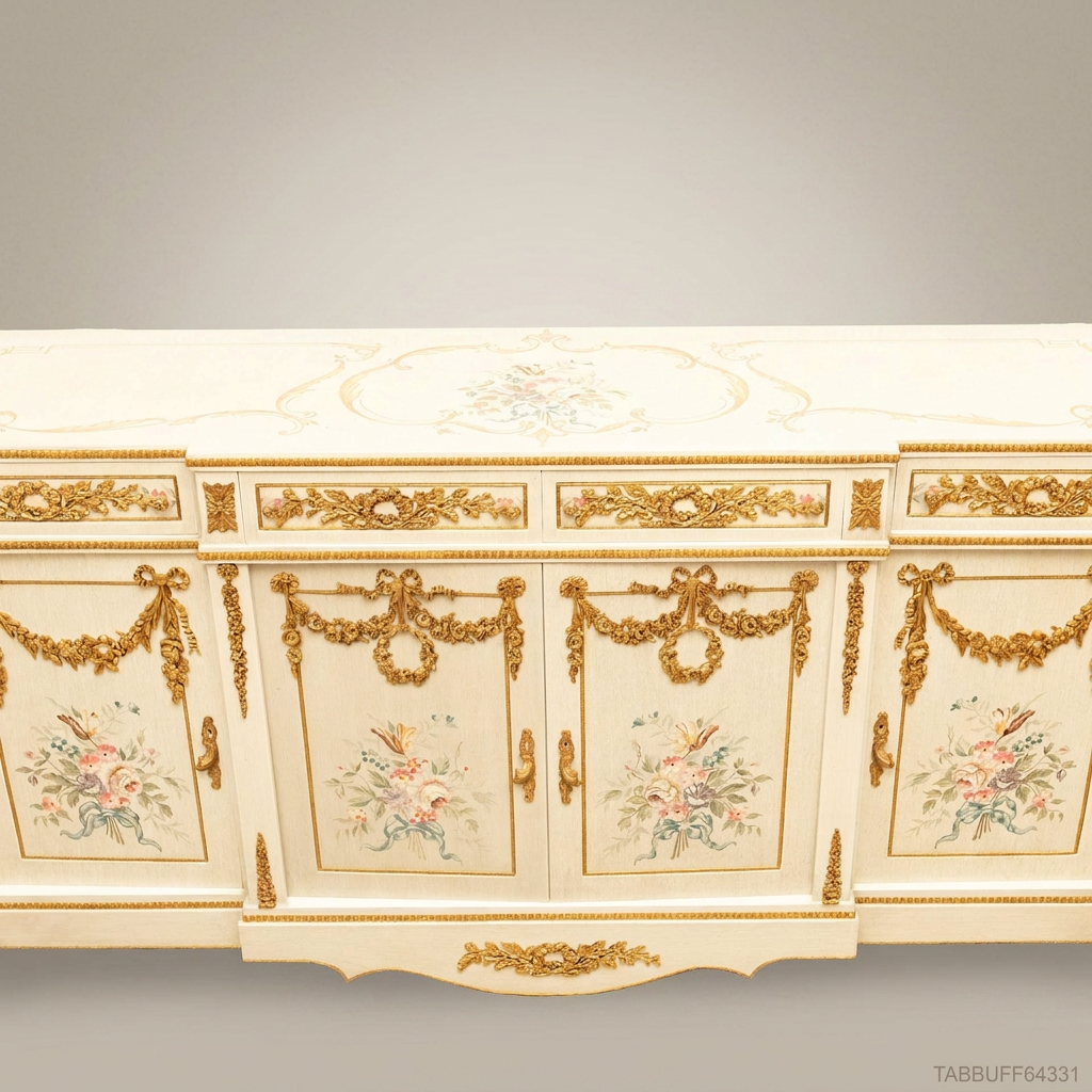 Brass & Wood Louis XVI Hand-Painted Floral Buffet — 350cm