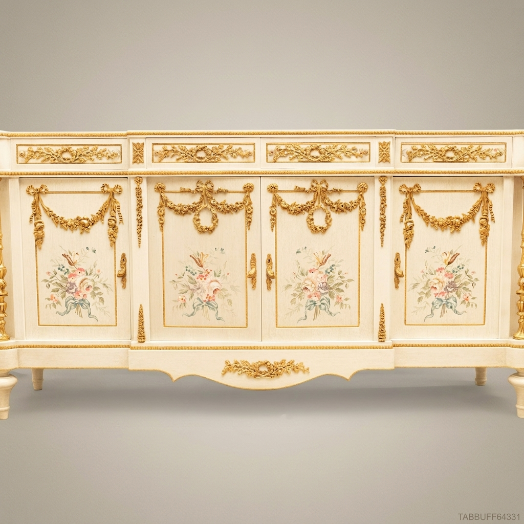 Brass & Wood Louis XVI Hand-Painted Floral Buffet — 350cm