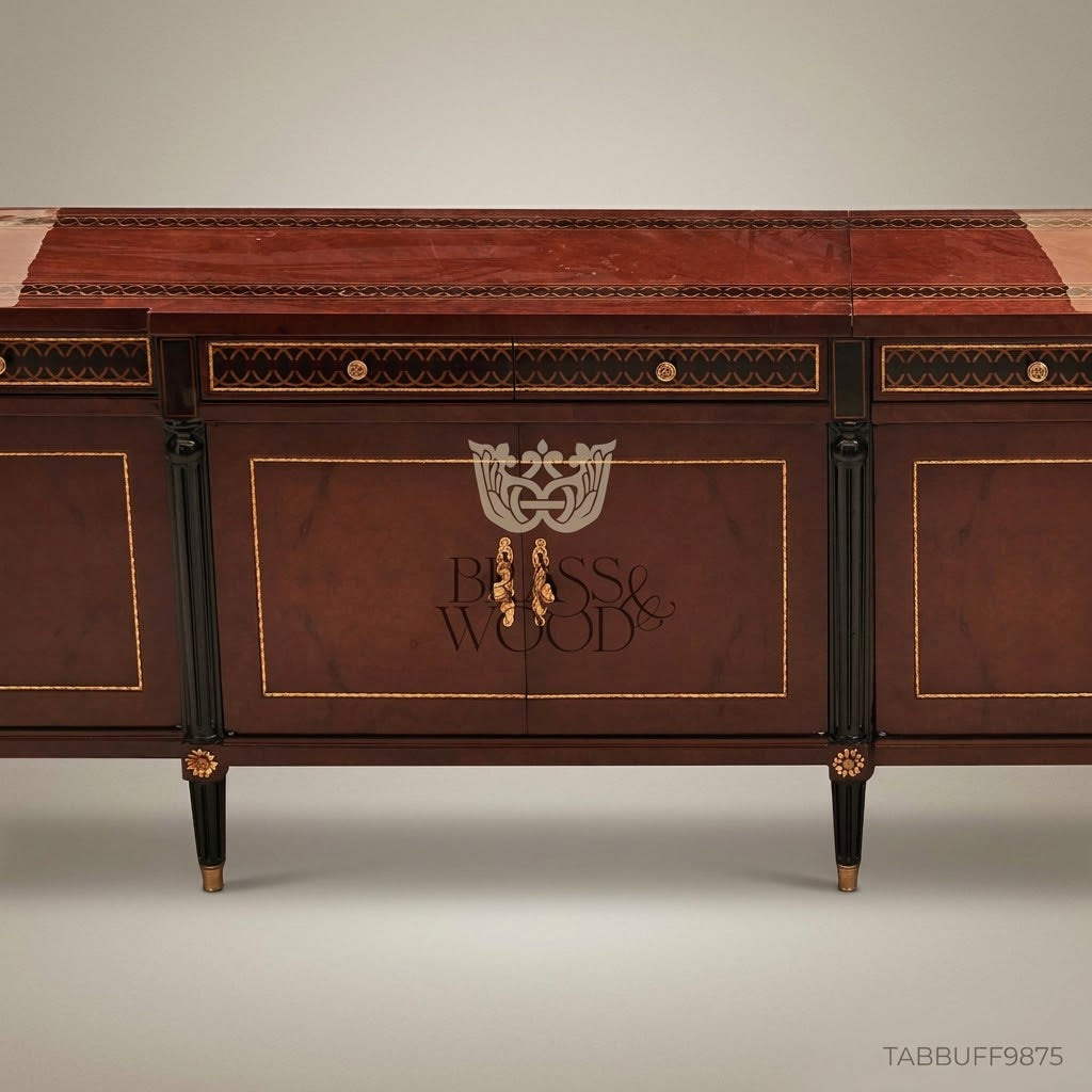 Brass & Wood Neoclassical Inlaid Wood Buffet