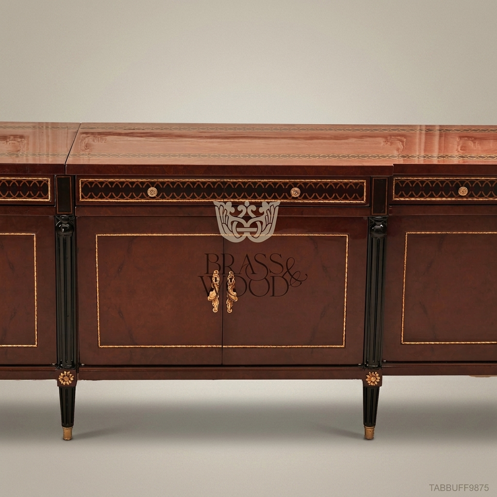Brass & Wood Neoclassical Inlaid Wood Buffet