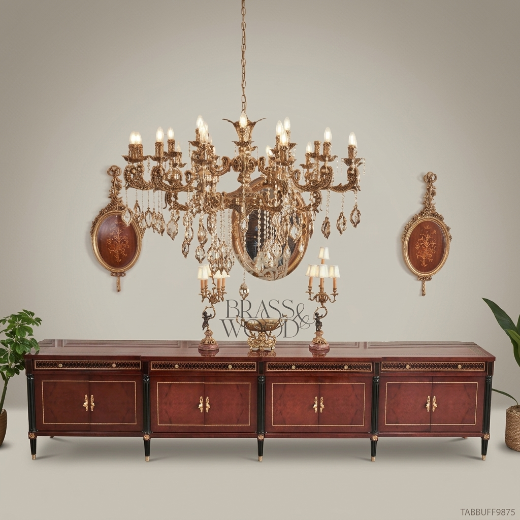 Brass & Wood Neoclassical Inlaid Wood Buffet — 250cm