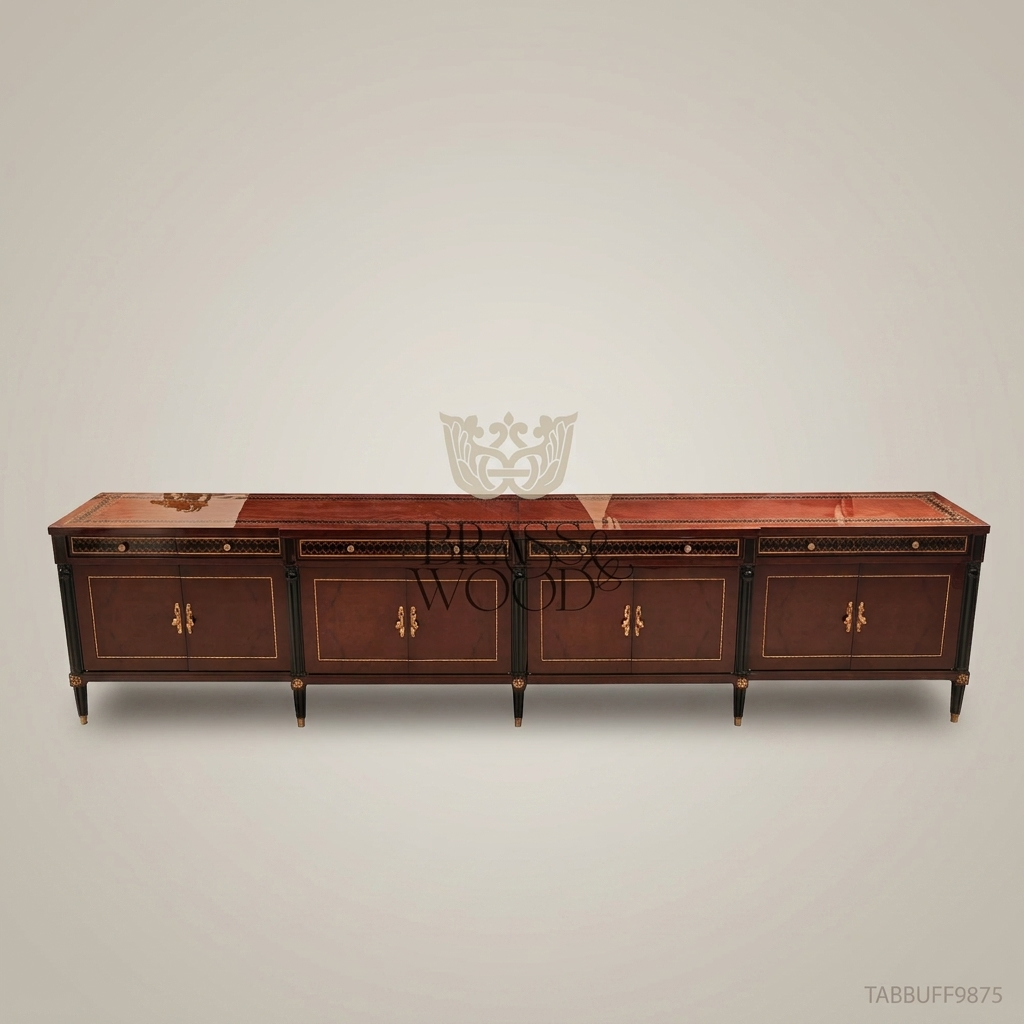 Brass & Wood Neoclassical Inlaid Wood Buffet — 250cm