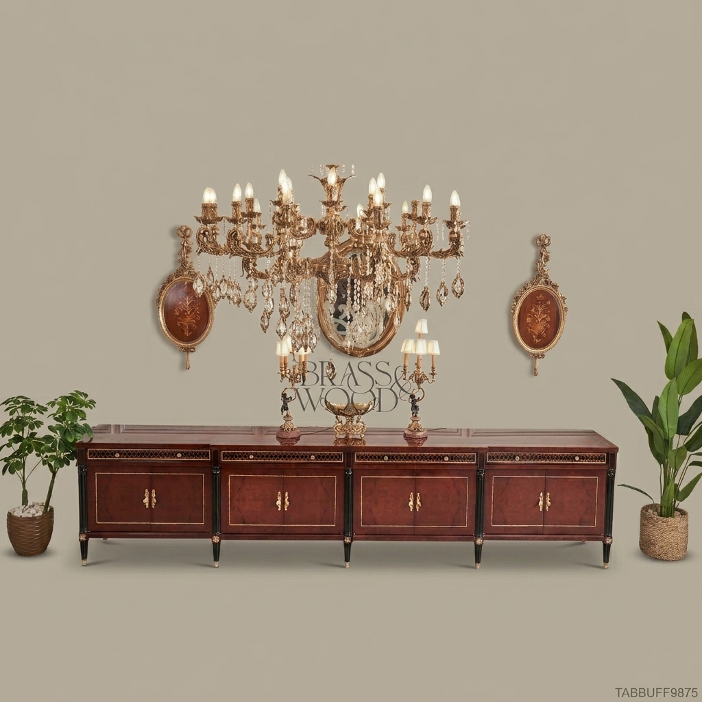 Brass & Wood Neoclassical Inlaid Wood Buffet — 250cm