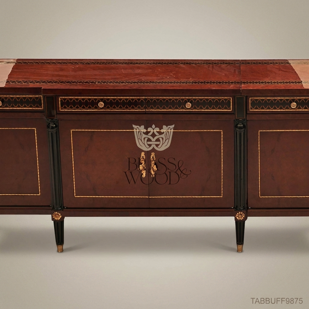 Brass & Wood Neoclassical Inlaid Wood Buffet — 250cm