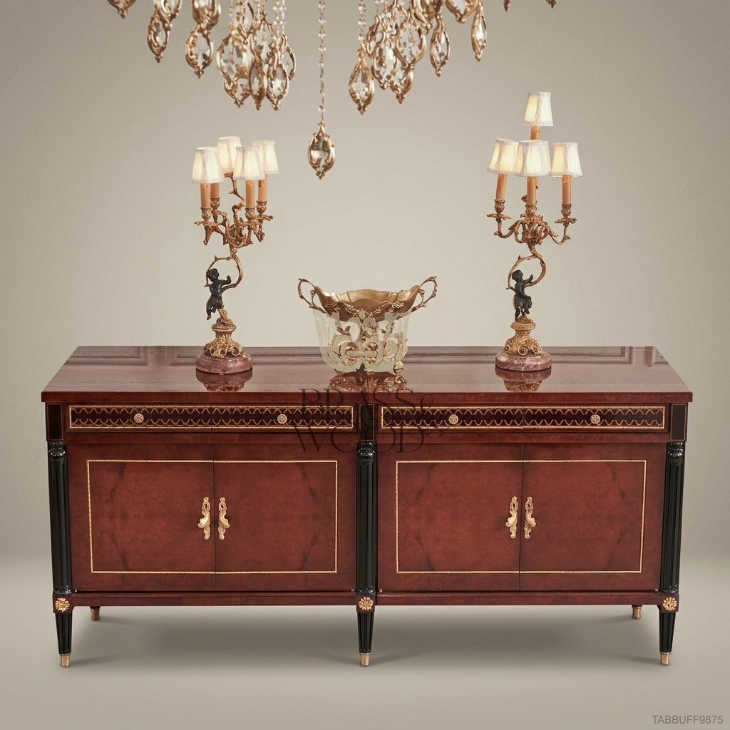 Brass & Wood Neoclassical Inlaid Wood Buffet — 350cm
