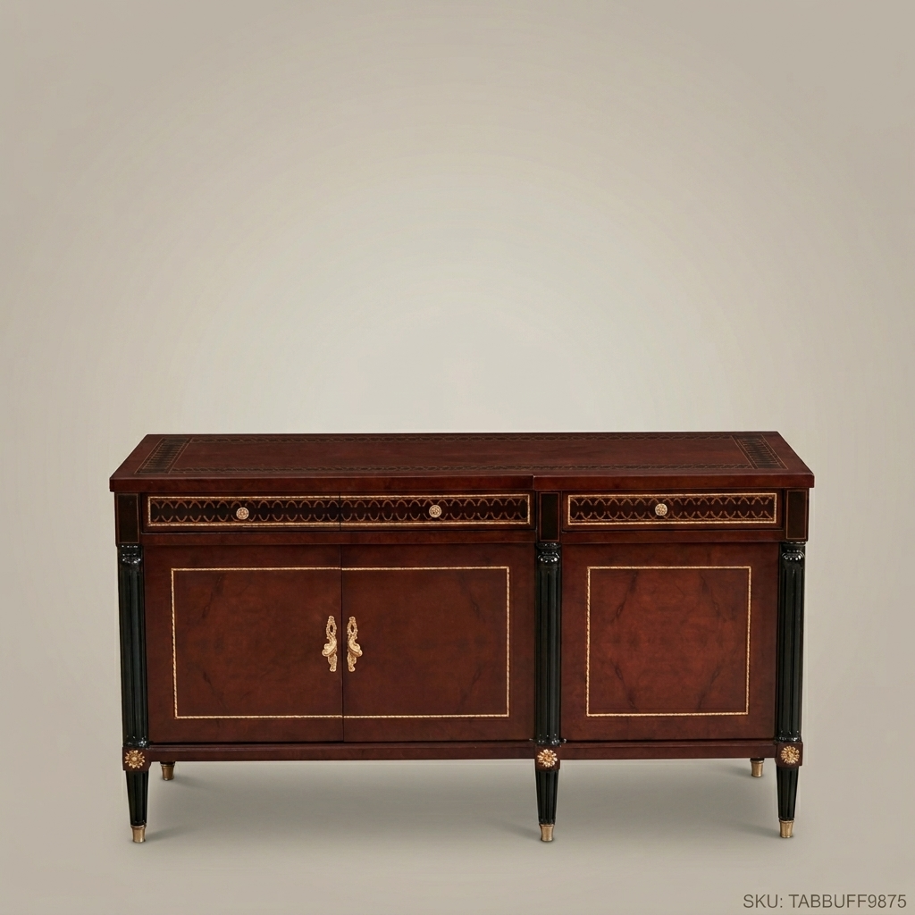 Brass & Wood Neoclassical Inlaid Wood Buffet — 350cm