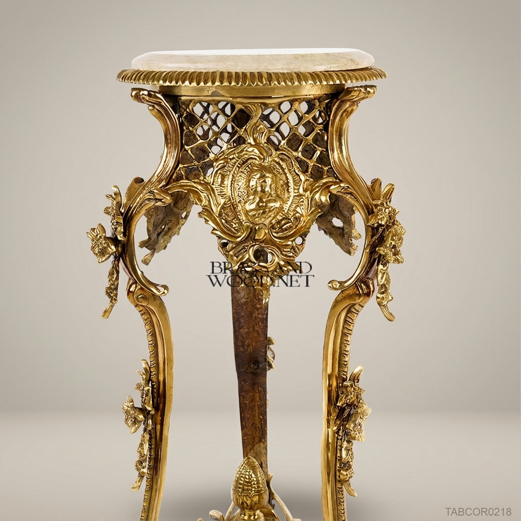 Rococo Salon Corner Table with Gilded Brass Frame & Marble Top