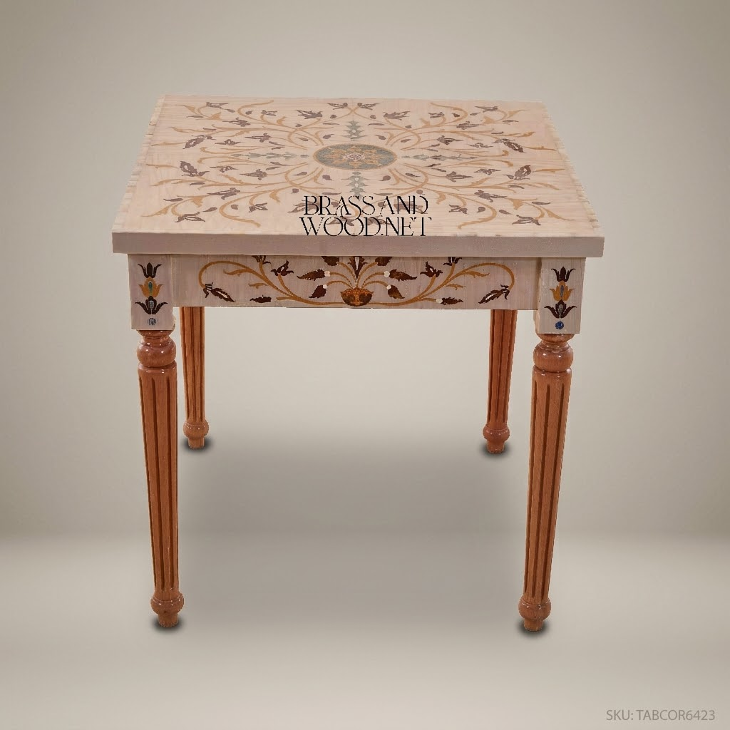 Neoclassical Salon Corner Table with Marble Inlay & Carved Wood Frame
