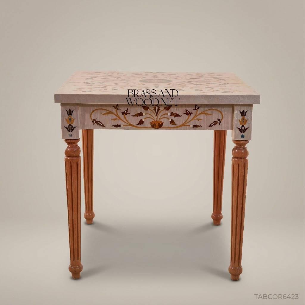 Neoclassical Salon Corner Table with Marble Inlay & Carved Wood Frame