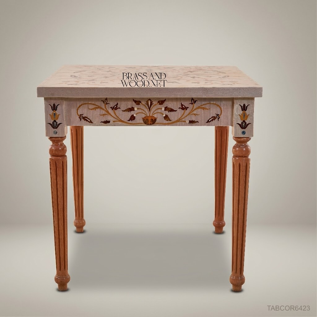 Neoclassical Salon Corner Table with Marble Inlay & Carved Wood Frame