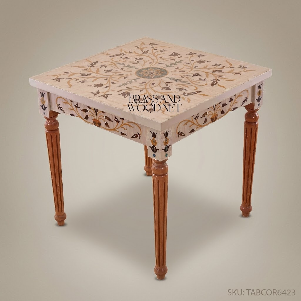 Neoclassical Salon Corner Table with Marble Inlay & Carved Wood Frame