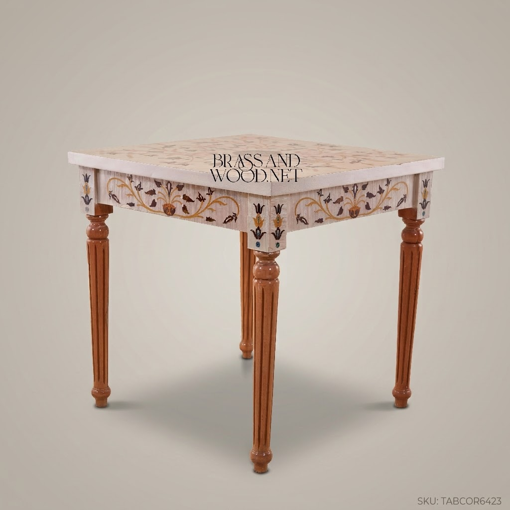 Neoclassical Salon Corner Table with Marble Inlay & Carved Wood Frame
