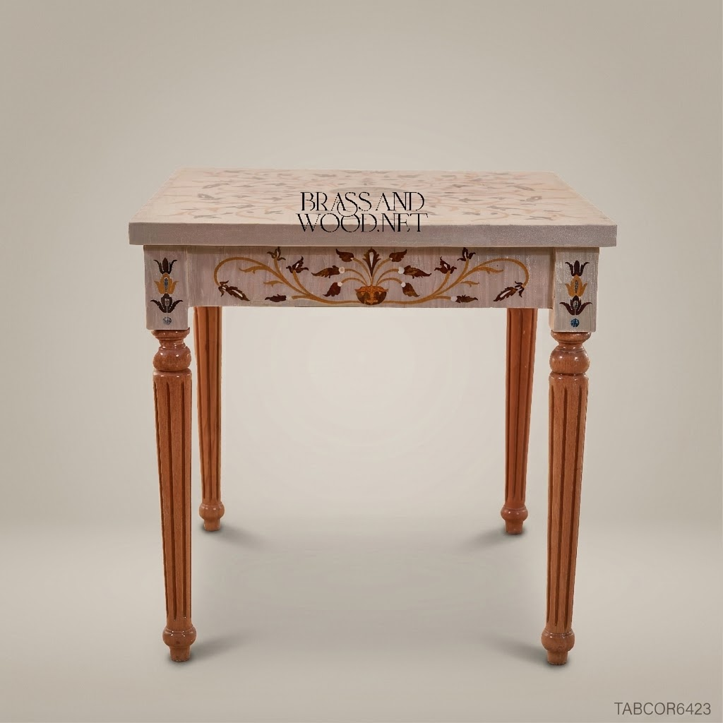 Neoclassical Salon Corner Table with Marble Inlay & Carved Wood Frame