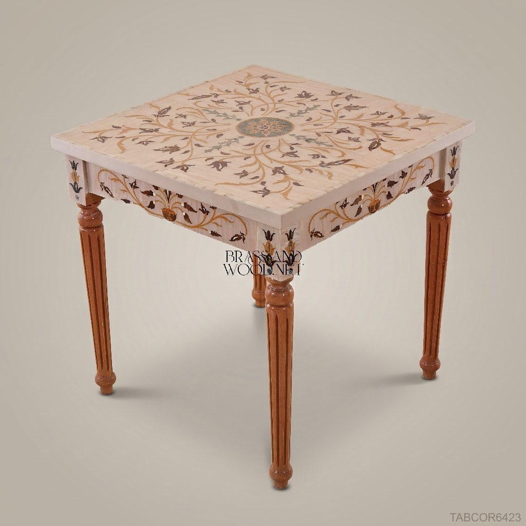 Neoclassical Salon Corner Table with Marble Inlay & Carved Wood Frame