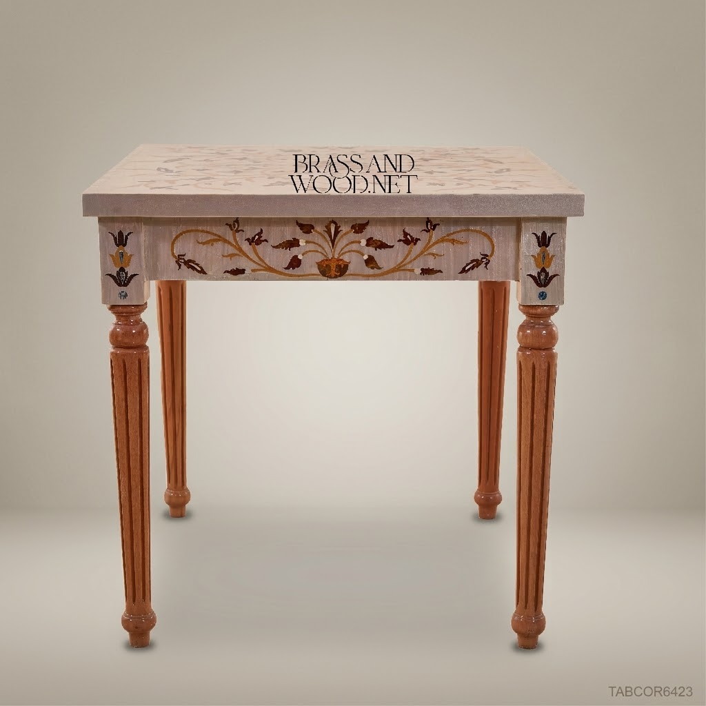 Neoclassical Salon Corner Table with Marble Inlay & Carved Wood Frame