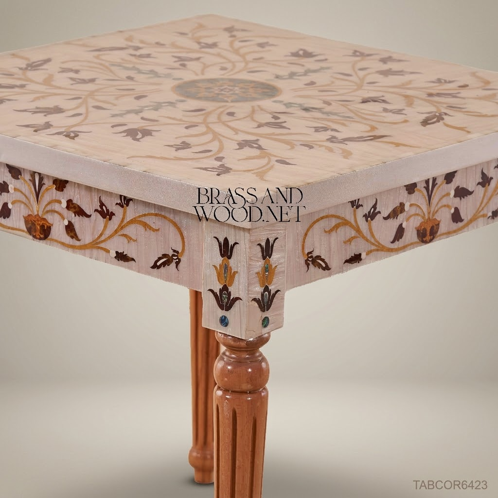 Neoclassical Salon Corner Table with Marble Inlay & Carved Wood Frame