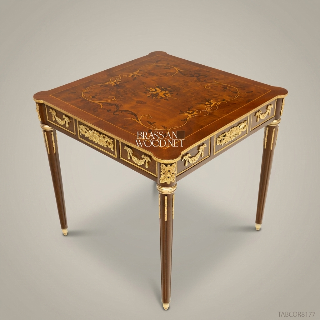 Louis XVI Square Salon Corner Table with Marquetry Top & Gilt Bronze Mounts