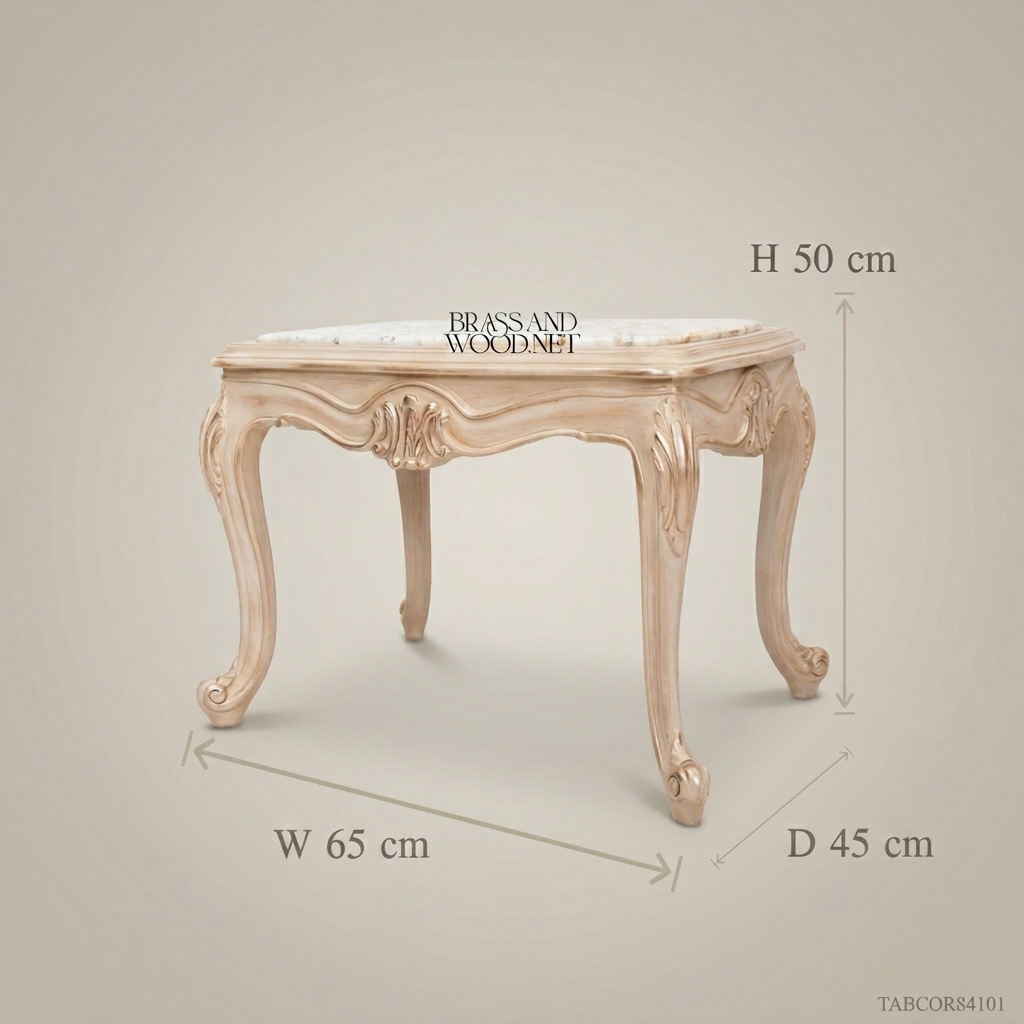 Louis XV Corner Table – Calacatta Marble Top & Ivory Lacquer Carved Wood