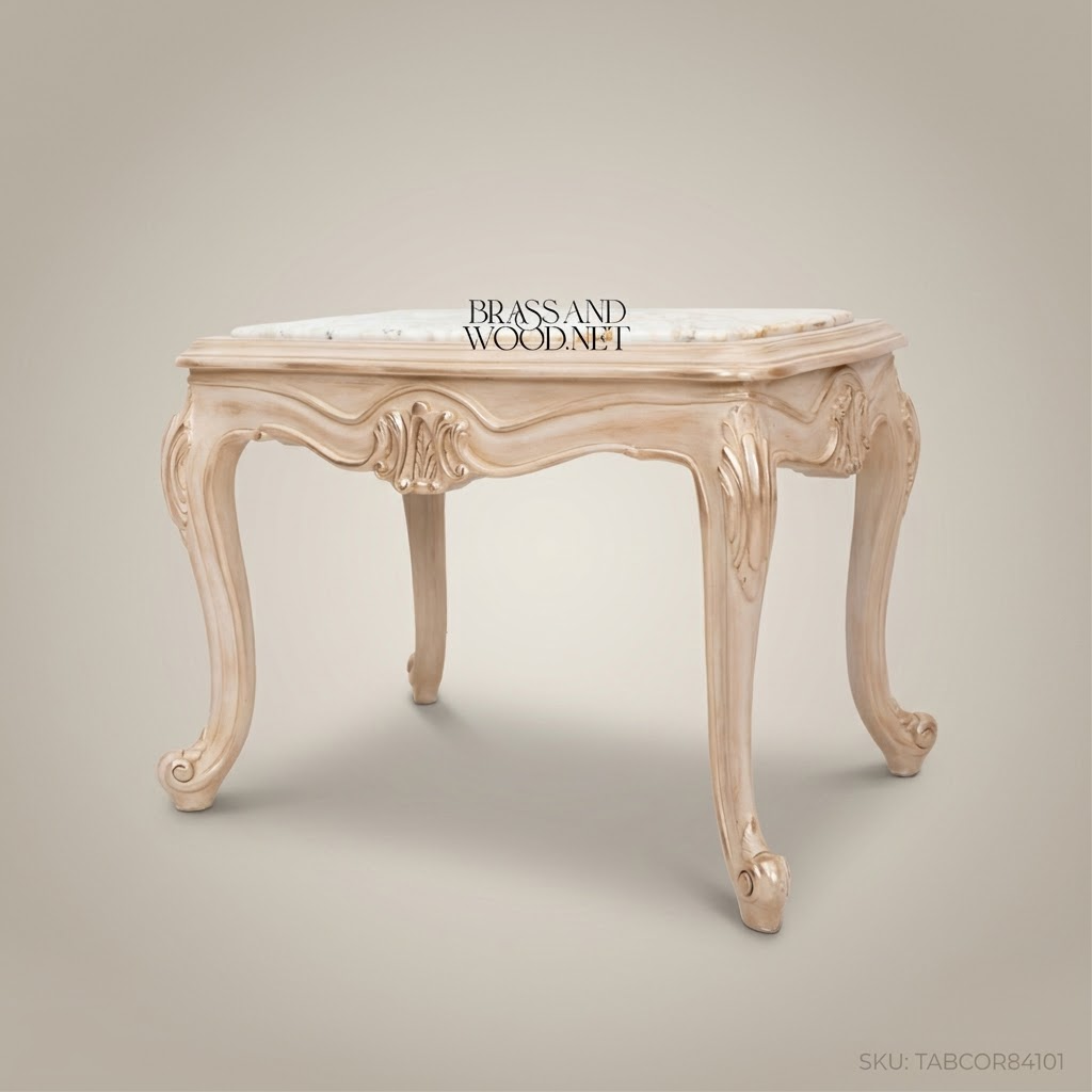 Louis XV Corner Table – Calacatta Marble Top & Ivory Lacquer Carved Wood