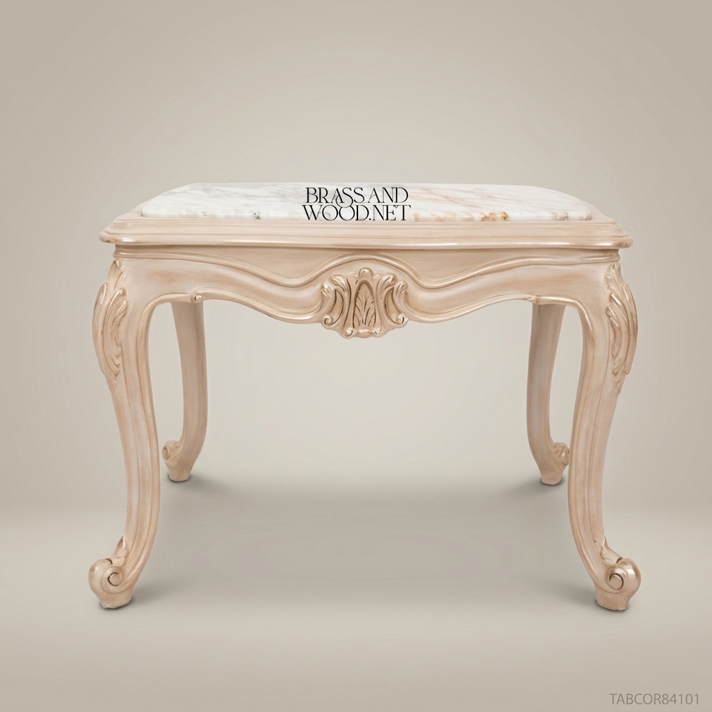Louis XV Corner Table – Calacatta Marble Top & Ivory Lacquer Carved Wood