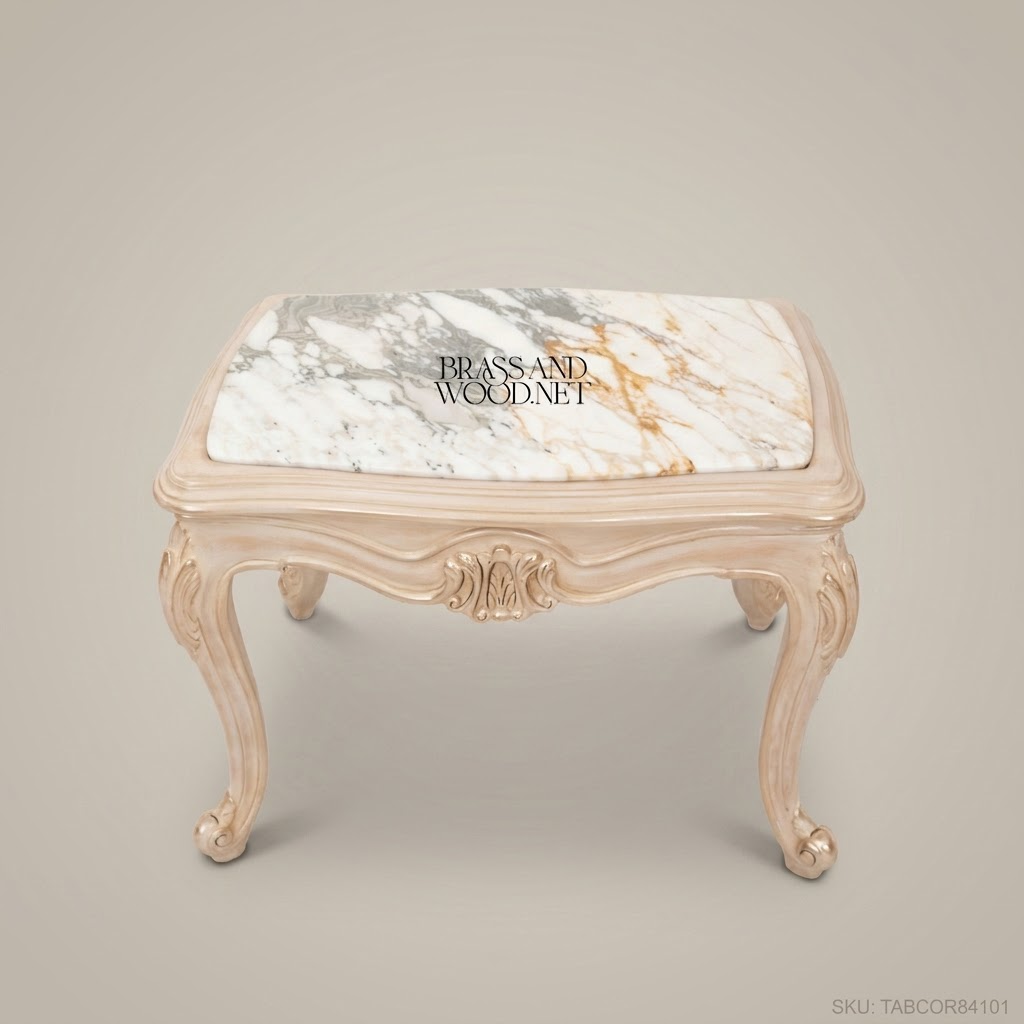Louis XV Corner Table – Calacatta Marble Top & Ivory Lacquer Carved Wood