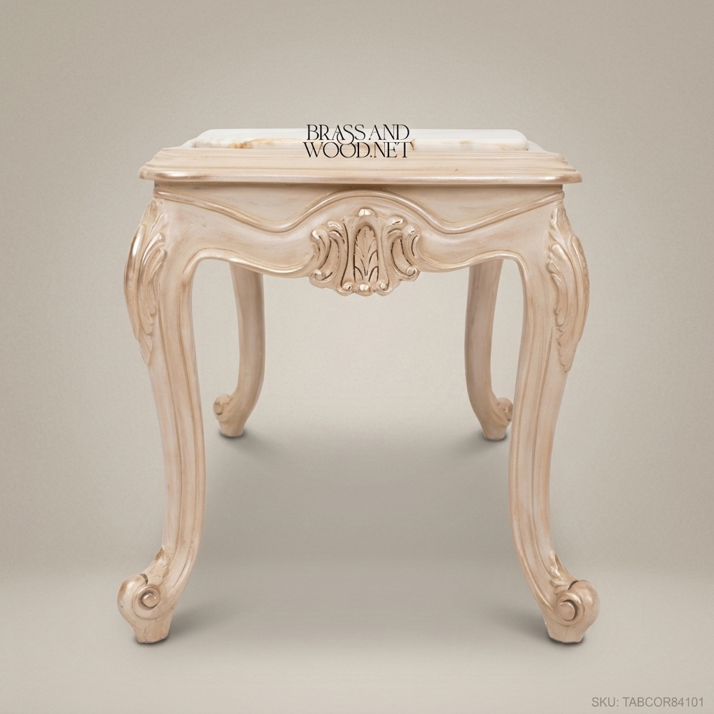 Louis XV Corner Table – Calacatta Marble Top & Ivory Lacquer Carved Wood