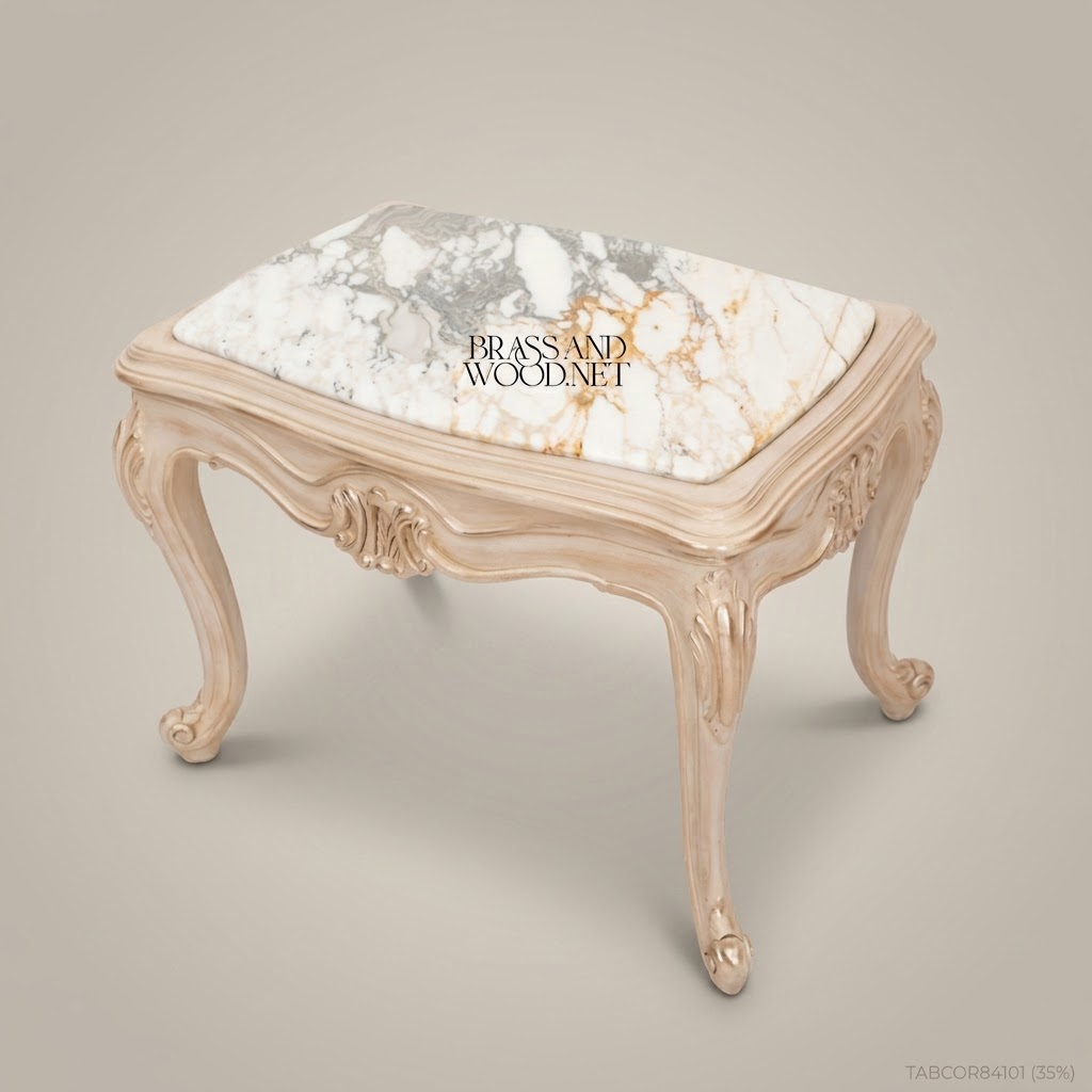 Louis XV Corner Table – Calacatta Marble Top & Ivory Lacquer Carved Wood