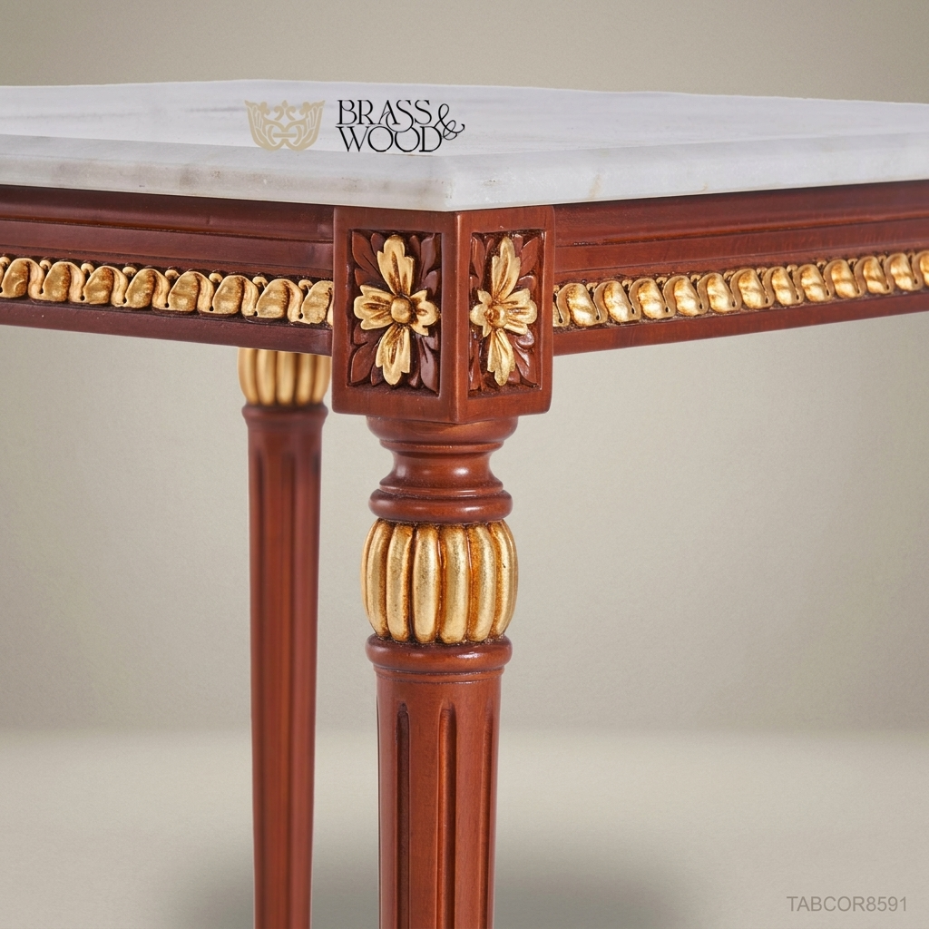 Louis XVI Salon Corner Table with Marble Top & Gilt Wood Carvings
