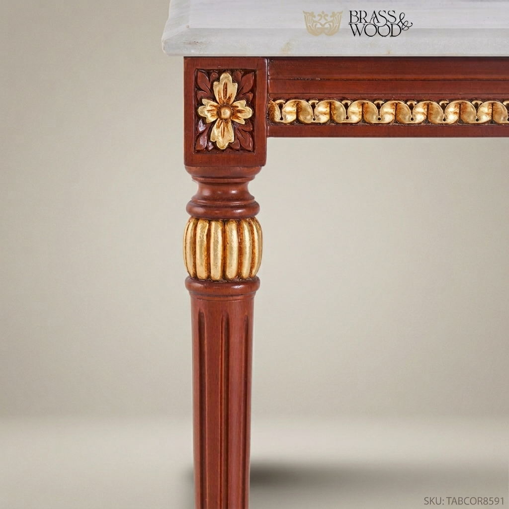 Louis XVI Salon Corner Table with Marble Top & Gilt Wood Carvings
