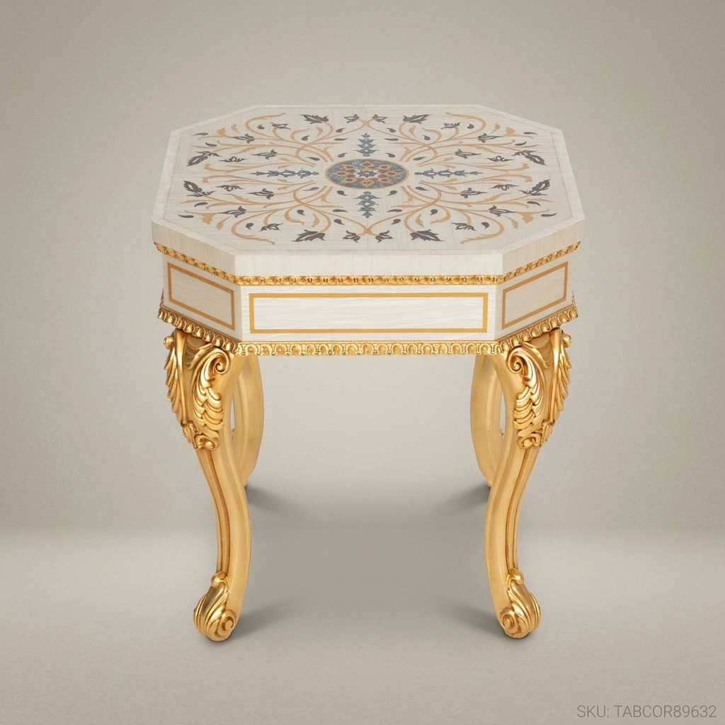Louis XV Rococo Octagonal Corner Table with Inlaid Top & Gold Leaf Legs
