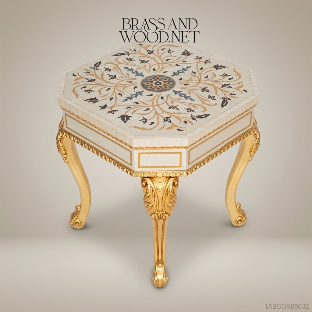 Louis XV Rococo Octagonal Corner Table with Inlaid Top & Gold Leaf Legs